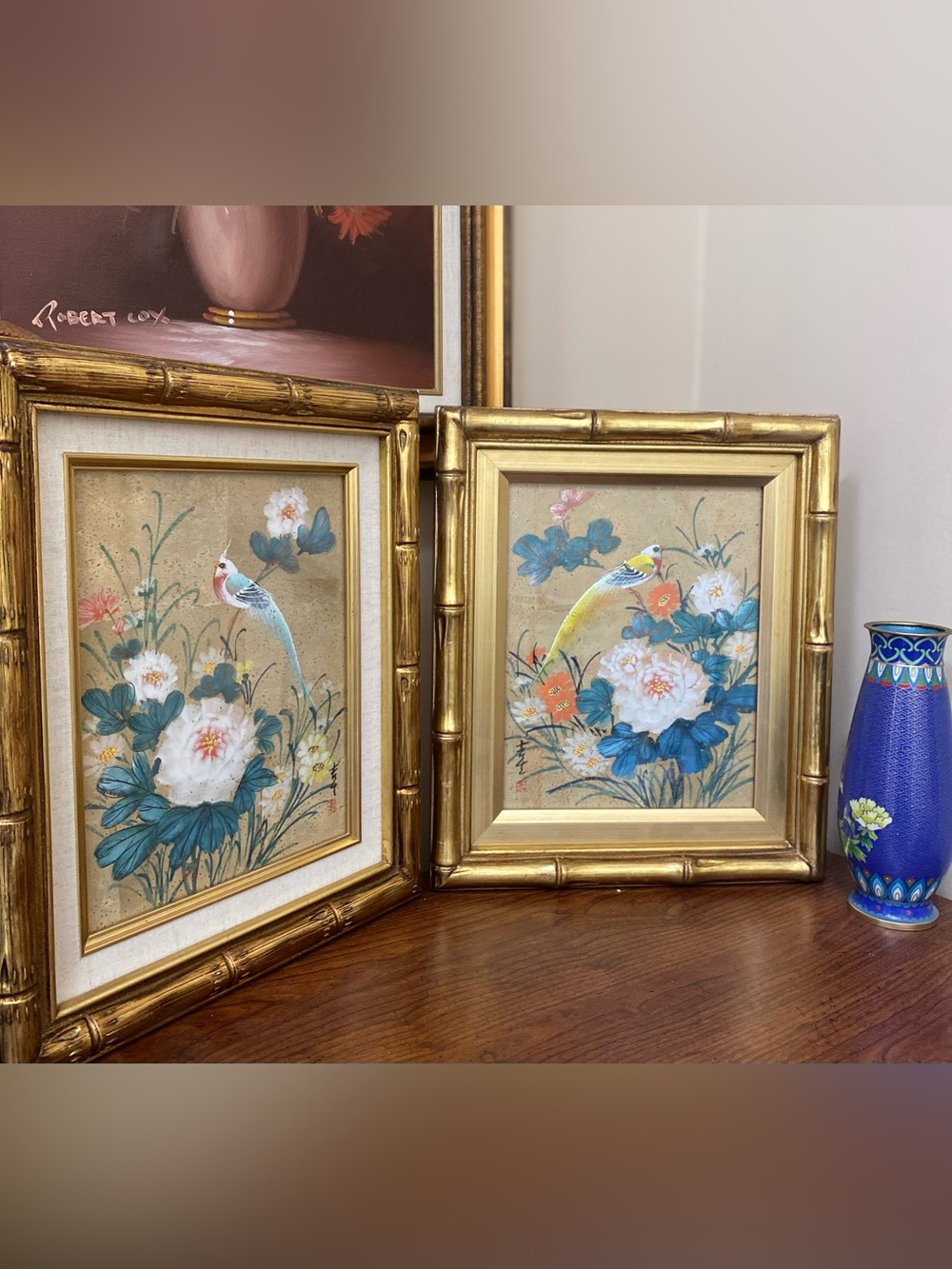 Vintage Asian Bird & Flower watercolor Paintings